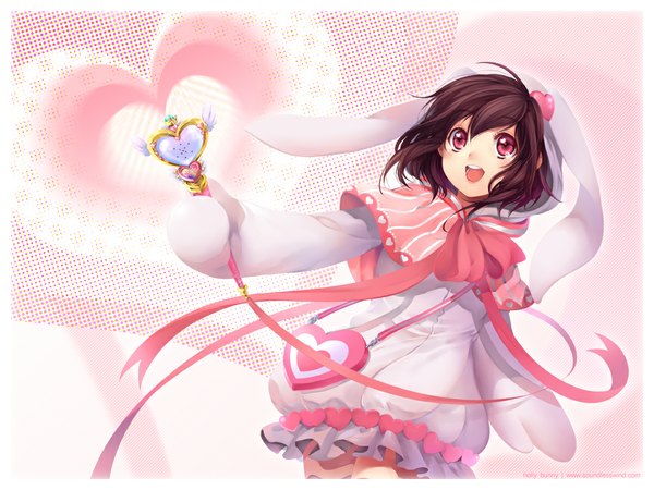 Anime picture 1024x768 with original kaze-hime single short hair open mouth smile brown hair pink eyes bunny ears framed girl ribbon (ribbons) heart bag