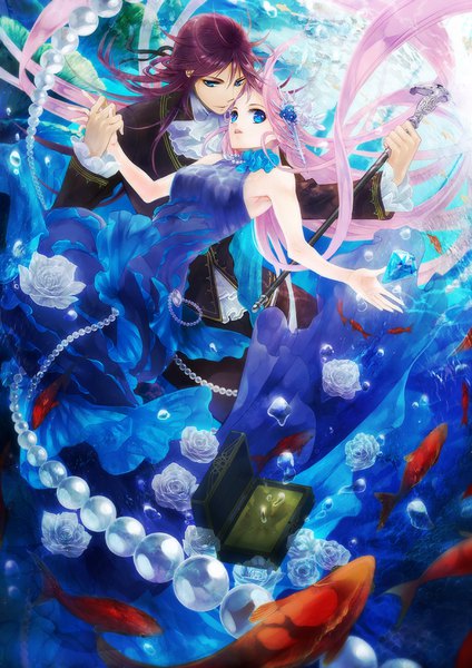 Anime picture 650x919 with original tottome long hair tall image looking at viewer breasts blue eyes brown hair holding looking away pink hair sleeveless underwater girl dress boy hair ornament flower (flowers) animal rose (roses)