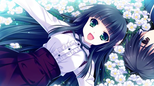 Anime picture 2048x1152 with guardian place skyfish (studio) suminoin ouka saeki hokuto long hair highres short hair open mouth black hair wide image brown eyes green eyes game cg couple girl dress boy flower (flowers)