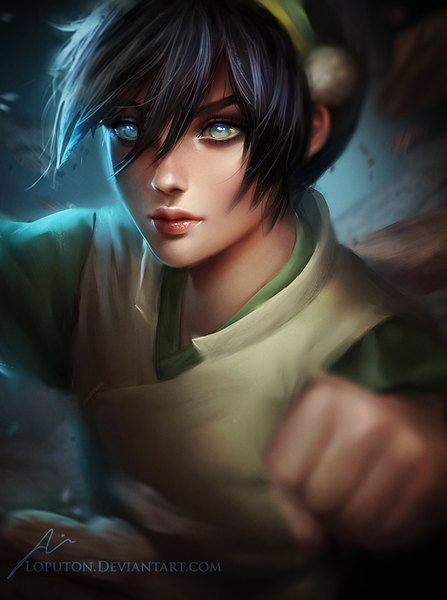 Anime picture 670x900 with avatar: the last airbender nickelodeon toph beifong loputon single tall image fringe short hair black hair green eyes lips realistic girl clothes