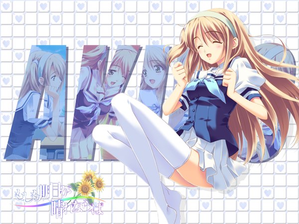 Anime picture 1600x1200 with moshimo ashita ga hare naraba nonosaki akiho kusukusu long hair blonde hair blue background thighhighs