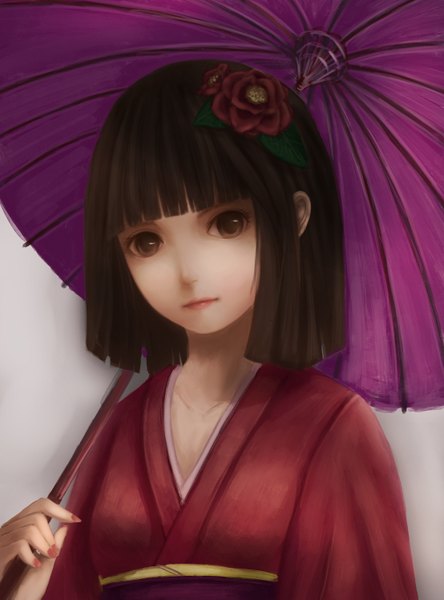 Anime picture 1108x1495 with original yazuo single tall image looking at viewer short hair black hair brown eyes japanese clothes hair flower girl hair ornament kimono umbrella