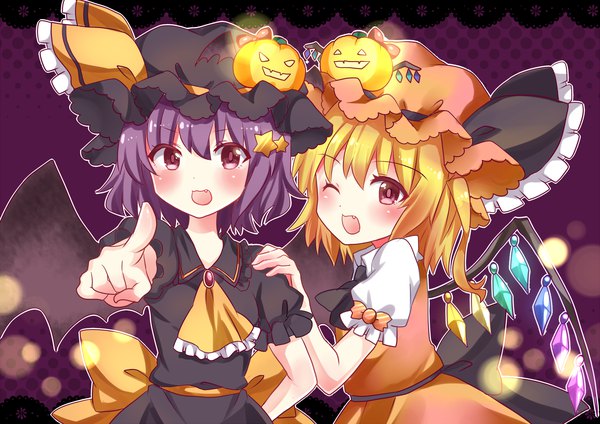 Anime picture 1600x1131 with touhou flandre scarlet remilia scarlet chako (chakoxxx) blush short hair open mouth blonde hair red eyes multiple girls purple hair :d one eye closed sparkle short sleeves fang (fangs) puffy sleeves side ponytail halloween ;d
