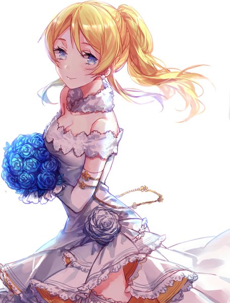 Anime picture 700x920 with love live! school idol project sunrise (studio) love live! ayase eli imi fumei single long hair tall image looking at viewer fringe breasts blue eyes simple background blonde hair smile white background holding cleavage ponytail lips