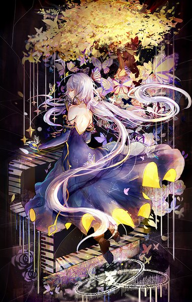 Anime picture 575x900 with vocaloid xingchen bai qi-qsr single tall image bare shoulders silver hair full body eyes closed very long hair profile floating hair bare back tress ribbon girl dress gloves flower (flowers) ribbon (ribbons) plant (plants)