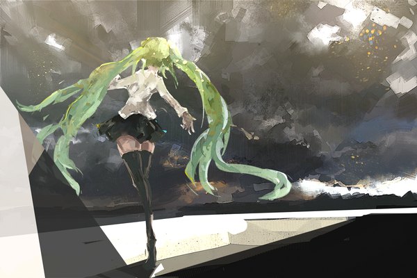 Anime picture 1200x800 with vocaloid hatsune miku 5esrs single twintails sky very long hair green hair from behind zettai ryouiki back spread arms girl thighhighs skirt black thighhighs shirt