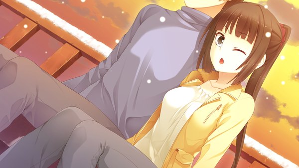Anime picture 1280x720 with hyouka no mau sora ni shiori mitsuike long hair open mouth black hair wide image twintails game cg one eye closed wink black eyes snowing snow girl