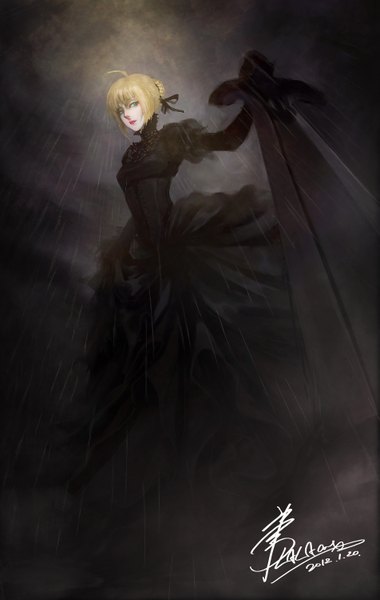 Anime picture 1901x3000 with fate (series) fate/stay night studio deen type-moon artoria pendragon (all) saber lalaax single tall image highres short hair blue eyes blonde hair signed lips from below rain girl dress ribbon (ribbons)
