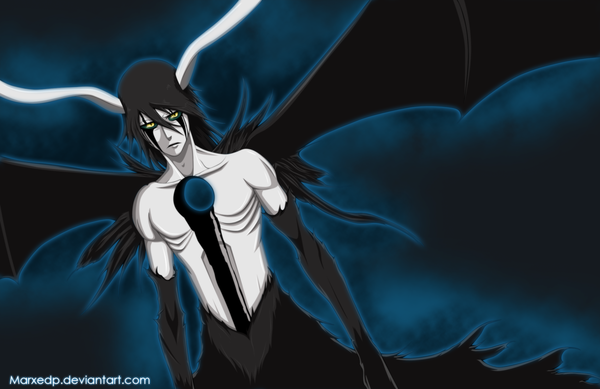 Anime picture 2500x1623 with bleach studio pierrot ulquiorra schiffer kubo tite marxedp single long hair highres black hair yellow eyes horn (horns) coloring muscle face paint espada boy wings