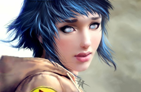 Anime picture 1024x672 with naruto studio pierrot naruto (series) hyuuga hinata tannany single short hair blue eyes simple background blue hair looking back lips realistic portrait close-up girl