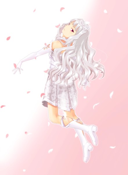 Anime picture 2150x2925 with idolmaster shijou takane ju go (toamariitutu) single long hair tall image looking at viewer highres white hair pink eyes girl dress gloves petals elbow gloves boots