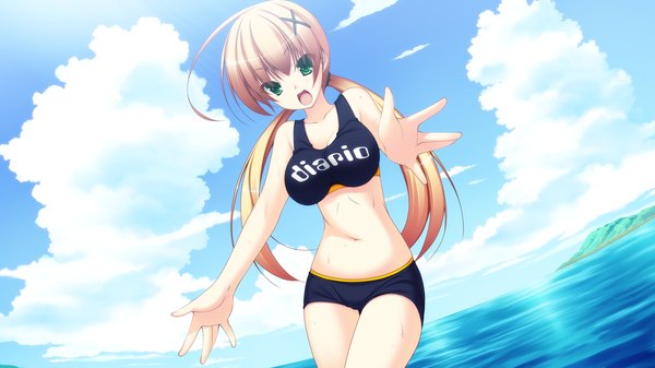 Anime picture 1280x720 with imouto ga boku o neratteru tomoka yuuki long hair open mouth light erotic blonde hair wide image twintails green eyes game cg low twintails girl navel hair ornament swimsuit x hair ornament