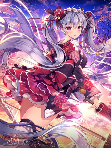 Anime picture 750x1000 with joker ~gang road~ yeonwa single tall image looking at viewer blush twintails purple eyes silver hair very long hair closed umbrella girl thighhighs dress hair ornament bow white thighhighs headdress umbrella oriental umbrella
