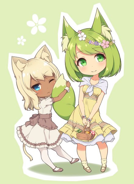 Anime picture 660x900 with original sasaame long hair tall image looking at viewer blush fringe short hair blue eyes simple background blonde hair smile standing multiple girls holding green eyes animal ears full body tail animal tail