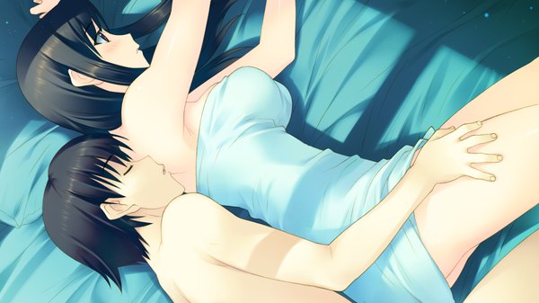 Anime picture 1280x720 with white album 2 blush short hair light erotic black hair red eyes wide image game cg lying couple girl boy