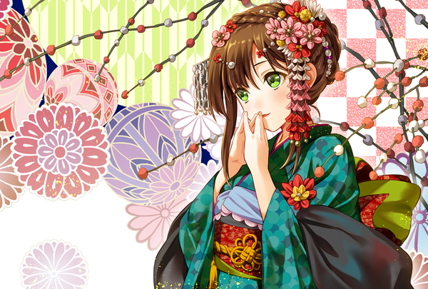 Anime picture 900x608 with original geroro single looking at viewer short hair brown hair green eyes traditional clothes japanese clothes hair flower kikumon yagasuri girl hair ornament flower (flowers) kimono obi kanzashi