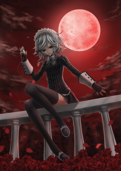 Anime picture 1200x1697 with touhou izayoi sakuya infukun single tall image looking at viewer short hair sitting silver hair from below red background red moon girl thighhighs flower (flowers) black thighhighs petals headdress fingerless gloves rose (roses)
