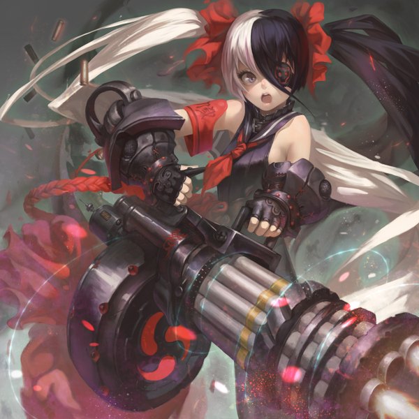 Anime picture 3000x3000 with blade & soul po hwa ran (blade & soul) iorlvm single fringe highres open mouth purple eyes twintails looking away very long hair multicolored hair screaming shot girl gloves weapon fingerless gloves gun eyepatch