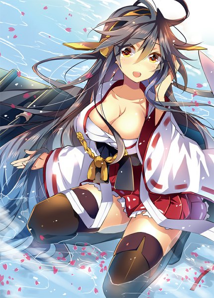 Anime picture 700x974 with kantai collection haruna battleship akishima kei single long hair tall image looking at viewer blush breasts light erotic black hair hair between eyes large breasts yellow eyes cleavage traditional clothes japanese clothes from above partially submerged squat