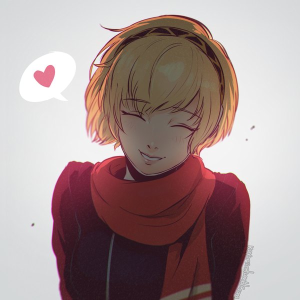 Anime picture 900x900 with persona 3 persona aegis koyoriin single blush fringe short hair open mouth simple background blonde hair smile signed upper body eyes closed wind grey background teeth girl heart