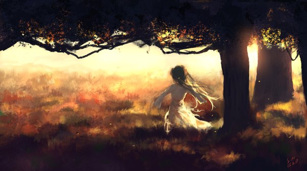 Anime picture 1940x1080 with sombernight single long hair highres brown hair wide image twintails signed outdoors wind from behind dated evening sunset spread arms dust girl dress plant (plants) tree (trees)