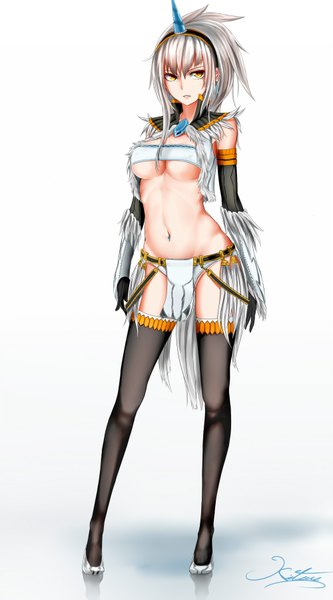 Anime picture 1000x1800 with monster hunter kirin (armor) monster hunter (character) shijiu (adamhutt) single long hair tall image light erotic standing white background signed yellow eyes payot cleavage silver hair horn (horns) midriff fur trim shiny skin gradient background