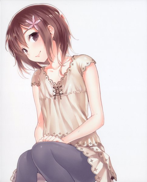 Anime picture 3273x4057 with boku wa tomodachi ga sukunai kusunoki yukimura buriki single tall image looking at viewer blush fringe highres short hair smile brown hair white background brown eyes absurdres hair flower official art girl hair ornament flower (flowers)