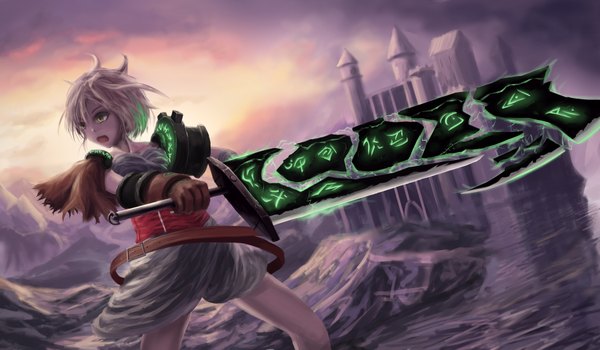 Anime picture 3600x2100 with league of legends riven (league of legends) newnand single highres short hair open mouth wide image holding yellow eyes looking away absurdres bent knee (knees) outdoors glowing mountain fighting stance grey skin girl gloves