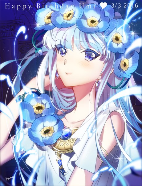 Anime picture 615x800 with magic knight rayearth clamp ryuuzaki umi iyutani single long hair tall image blush blue eyes silver hair hair flower sparkle turning head magic adjusting hair dated happy birthday girl flower (flowers) earrings