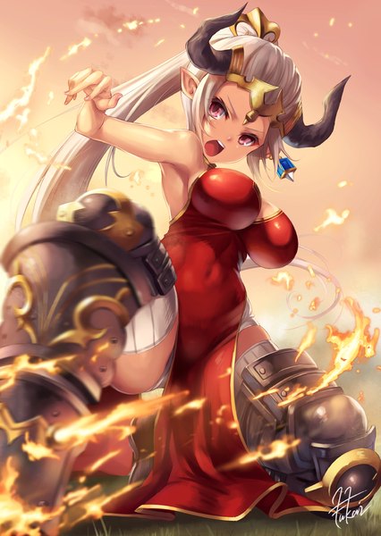 Anime picture 710x1000 with granblue fantasy aleeza (granblue fantasy) fukai ryosuke single tall image breasts open mouth light erotic large breasts bare shoulders looking away white hair very long hair pink eyes horn (horns) pointy ears pantyshot fantasy fighting stance draph