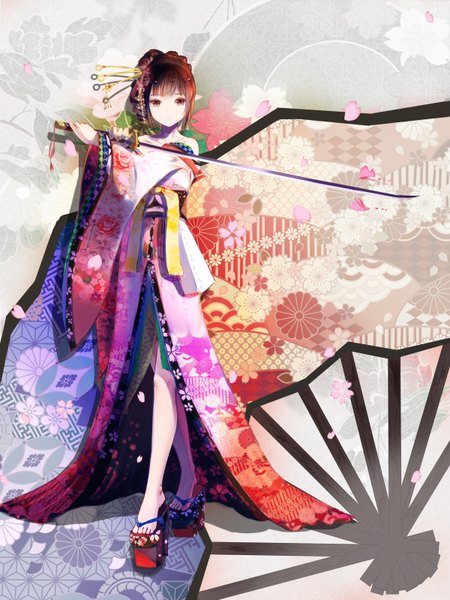 Anime picture 2400x3200 with original red flowers single tall image looking at viewer fringe highres short hair brown hair standing bare shoulders brown eyes traditional clothes japanese clothes wide sleeves shadow floral print drill hair alternate hairstyle pale skin