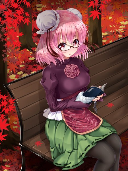 Anime picture 900x1200 with touhou ibaraki kasen u2 (5798239) single tall image looking at viewer blush fringe short hair breasts open mouth hair between eyes red eyes sitting holding pink hair parted lips hair bun (hair buns) puffy sleeves bespectacled