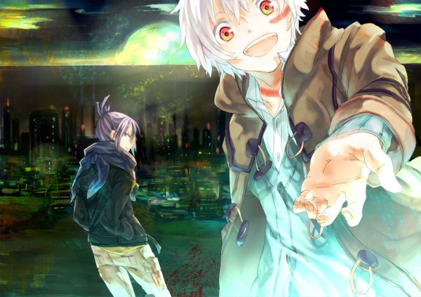 Anime picture 1500x1059 with no.6 studio bones nezumi (no.6) shion (no.6) noco (adamas) short hair open mouth red eyes purple hair white hair looking back multiple boys outstretched arm city hands in pockets face paint boy scarf building (buildings) 2 boys