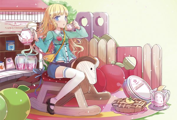 Anime picture 1316x896 with original jin young-in long hair looking at viewer blush open mouth blue eyes blonde hair sitting girl thighhighs white thighhighs food shorts sweets bag fruit cup apple teapot