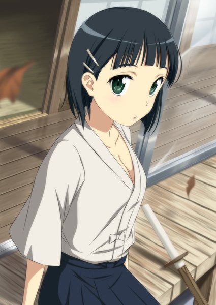 Anime picture 752x1062 with sword art online a-1 pictures kirigaya suguha nori tamago single tall image looking at viewer short hair blue eyes black hair sitting traditional clothes girl hair ornament bobby pin