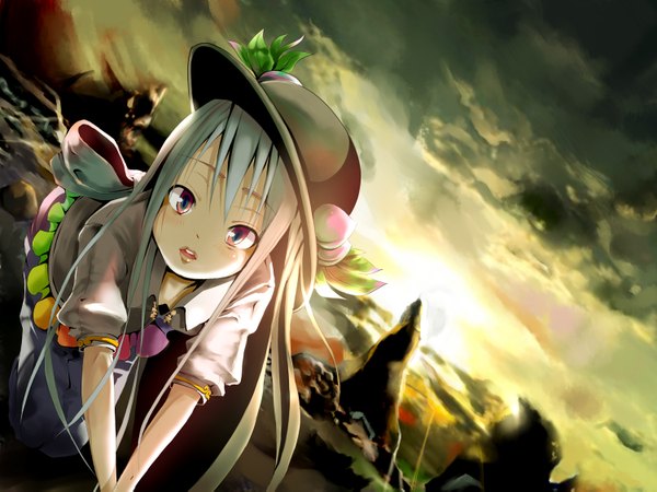 Anime picture 1500x1125 with touhou hinanawi tenshi yae (mono110) single long hair looking at viewer open mouth red eyes blue hair sky outdoors leaning leaning forward puffy sleeves girl hat fruit sun peach