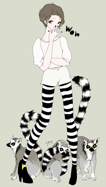 Anime picture 1200x2100 with original chackiin single tall image fringe short hair simple background brown hair standing signed looking away bent knee (knees) nail polish fingernails black eyes high heels covering nail art girl animal