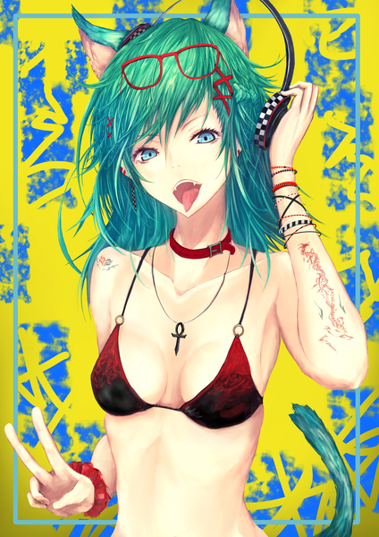 Anime picture 1703x2409 with original kaze minoru so-ru single long hair tall image looking at viewer fringe highres breasts open mouth blue eyes light erotic hair between eyes bare shoulders holding animal ears upper body tail head tilt animal tail
