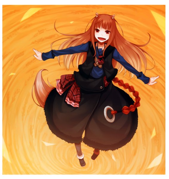 Anime picture 4666x4940 with spice and wolf horo single long hair tall image fringe highres open mouth red eyes standing animal ears absurdres animal tail happy girl dress petals pendant