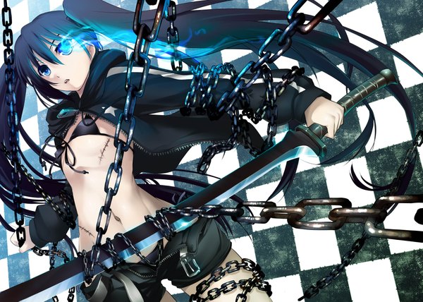 Anime picture 4054x2894 with black rock shooter black rock shooter (character) ouma tokiichi single long hair highres blue eyes black hair twintails absurdres very long hair midriff glowing flat chest scar glowing eye (eyes) pale skin checkered background open shorts arm cannon