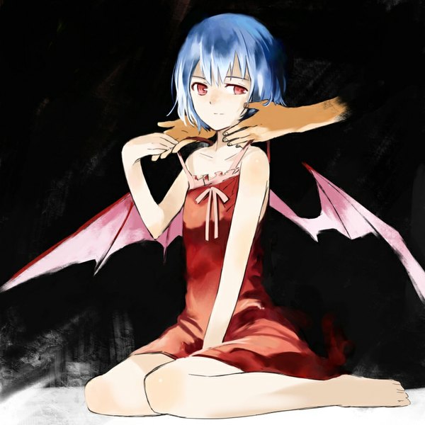 Anime picture 850x850 with touhou remilia scarlet ogawa maiko single fringe short hair simple background red eyes sitting bare shoulders blue hair looking away barefoot black background wariza girl dress wings hands