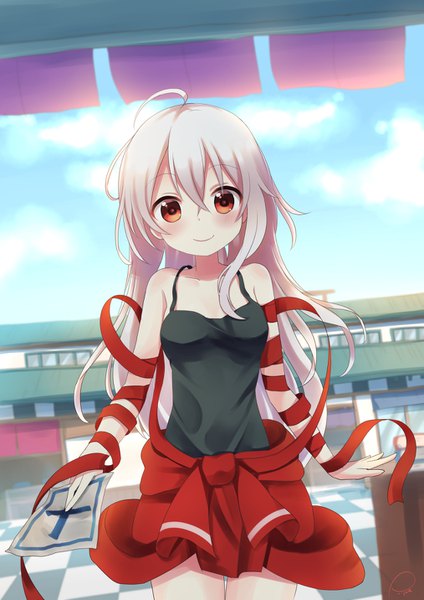 Anime picture 1013x1432 with urara meirochou j.c. staff chiya (urara meirochou) piripun single long hair tall image looking at viewer blush fringe hair between eyes red eyes bare shoulders holding sky cloud (clouds) ahoge white hair head tilt girl