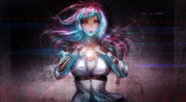 Anime picture 1600x881 with original sangrde single long hair wide image pink eyes multicolored hair lips wallpaper torn clothes looking up glow girl clothes