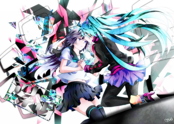 Anime picture 2000x1429 with vocaloid hatsune miku tyouya long hair fringe highres blue eyes twintails multiple girls purple hair aqua eyes aqua hair kneeling face to face eye contact girl thighhighs skirt black thighhighs 2 girls
