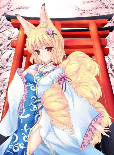 Anime picture 888x1200 with touhou yakumo ran fred0092 single tall image short hair blonde hair red eyes animal ears tail animal tail fox ears cherry blossoms fox tail fox girl girl dress plant (plants) tree (trees) torii