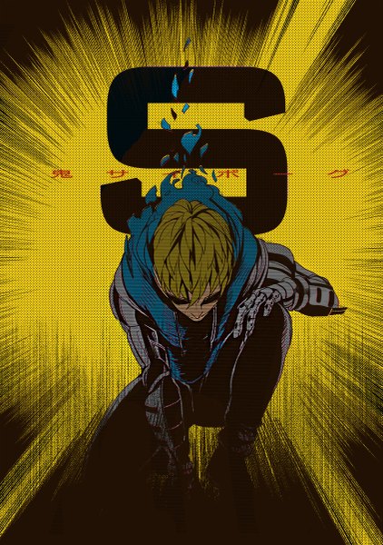 Anime picture 845x1200 with one-punch man madhouse genos cp .ieng single tall image short hair blonde hair looking down squat yellow background boy robot prosthesis