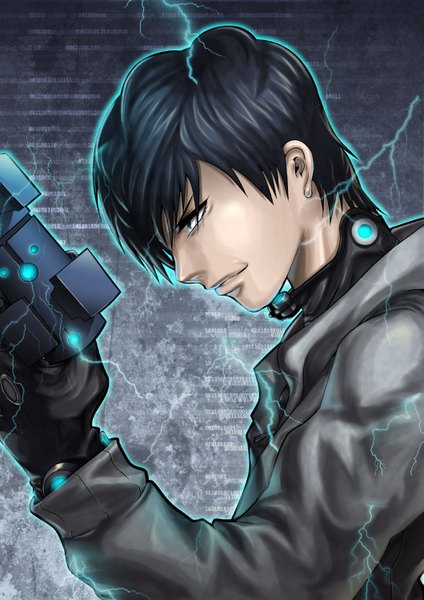 Anime picture 1059x1498 with gantz gonzo nishi joichiro raira (artist) single tall image short hair blue eyes black hair profile lightning weapon jacket gun