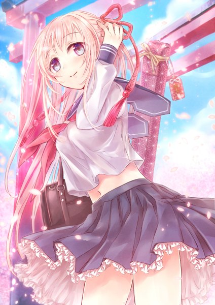 Anime picture 1000x1414 with original neme single long hair tall image blue eyes pink hair midriff girl skirt navel ribbon (ribbons) hair ribbon miniskirt petals serafuku omamori