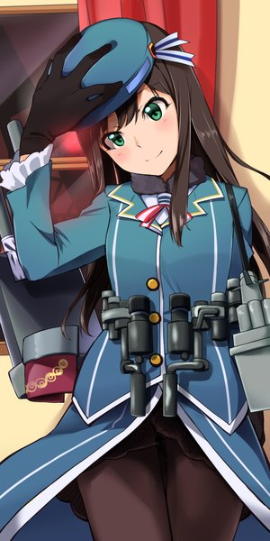 Anime picture 900x1800 with kantai collection idolmaster idolmaster cinderella girls shibuya rin atago heavy cruiser haruichi single long hair tall image looking at viewer blush black hair smile green eyes indoors hand on head cosplay atago heavy cruiser (cosplay) girl dress