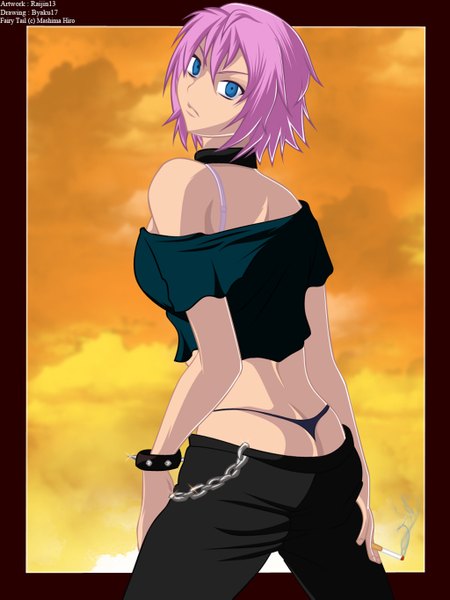 Anime picture 1024x1365 with fairy tail virgo (fairy tail) raijin13 single tall image short hair blue eyes light erotic sky purple hair coloring smoke framed girl underwear panties cigarette